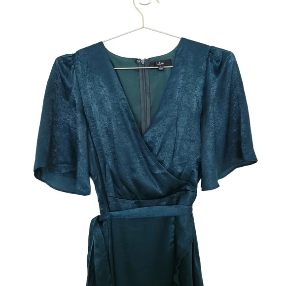 Lulus Wrapped Up In Love Dark Green Satin Faux-Wrap Midi Dress Sz S - Picture 5 of 12